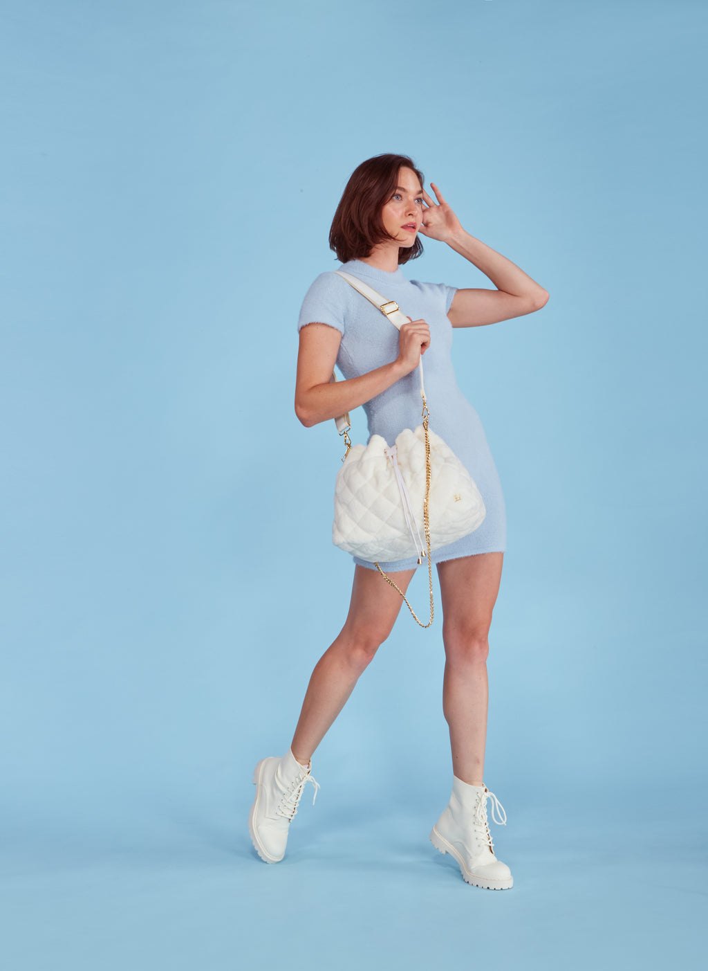 Fluff Embellished Faux Fur Small Bucket Bag