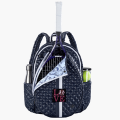 Love badge on 24 + 7 Tennis Backpack.  Prince logo on racquet.