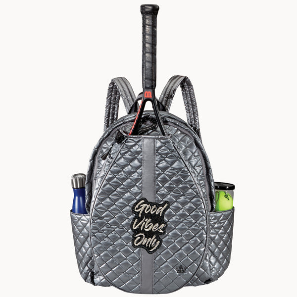Good Vibes Only badge on 24 + 7 Tennis Backpack.